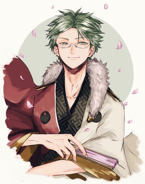 Anime picture 1104x1400 with ensemble stars! hasumi keito saamon (dream81come) single tall image looking at viewer short hair green eyes upper body traditional clothes japanese clothes green hair light smile fur trim boy petals glasses fur fan closed fan