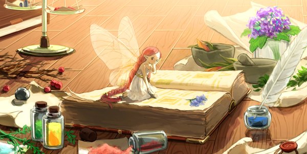 Anime picture 1500x756 with original yin (artist) single long hair looking at viewer smile wide image sitting bare shoulders brown eyes red hair braid (braids) pointy ears kneeling single braid hand on head transparent fairy girl dress