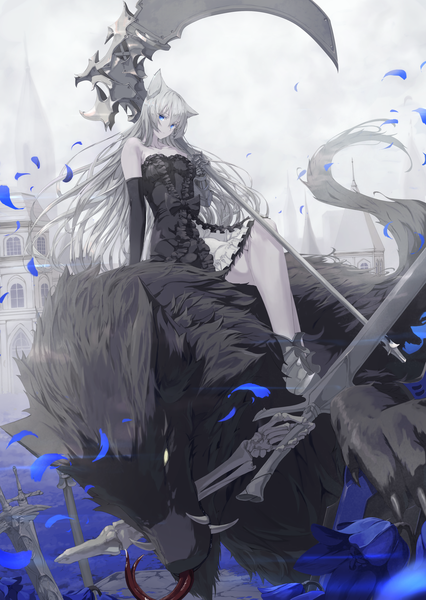 Anime picture 1812x2549 with original mikisai single long hair tall image looking at viewer fringe highres breasts blue eyes hair between eyes sitting bare shoulders holding animal ears silver hair outdoors very long hair head tilt blurry