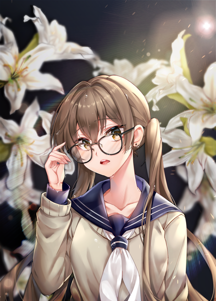 Anime picture 1061x1472 with original nelf single long hair tall image looking at viewer blush fringe open mouth simple background hair between eyes brown hair twintails brown eyes upper body long sleeves arm up teeth wet lens flare