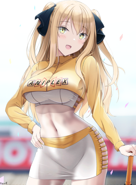 Anime picture 1100x1500 with ao no kanata no four rhythm sprite (company) aniplex satouin reiko keenh single long hair tall image blush fringe open mouth light erotic blonde hair hair between eyes standing signed yellow eyes :d midriff two side up
