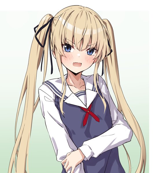 Anime picture 1619x1800 with saenai heroine no sodatekata a-1 pictures sawamura spencer eriri takanashi kei (hitsujikan) single long hair tall image looking at viewer blush fringe open mouth blue eyes simple background blonde hair hair between eyes twintails upper body embarrassed green background holding arm