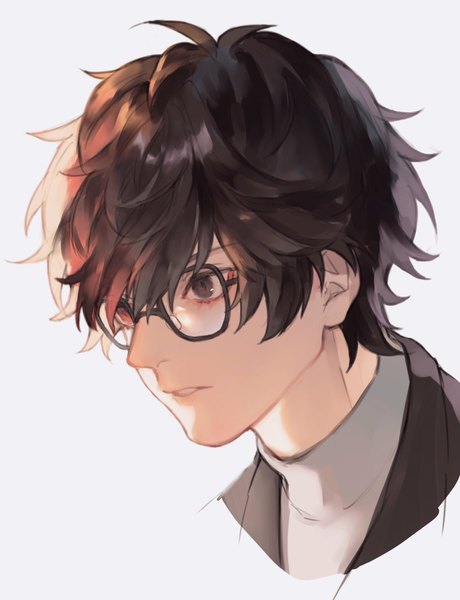 Anime picture 1570x2048 with persona 5 persona amamiya ren yokuni (yokunill001121) single tall image fringe short hair black hair simple background hair between eyes looking away black eyes grey background portrait boy glasses turtleneck