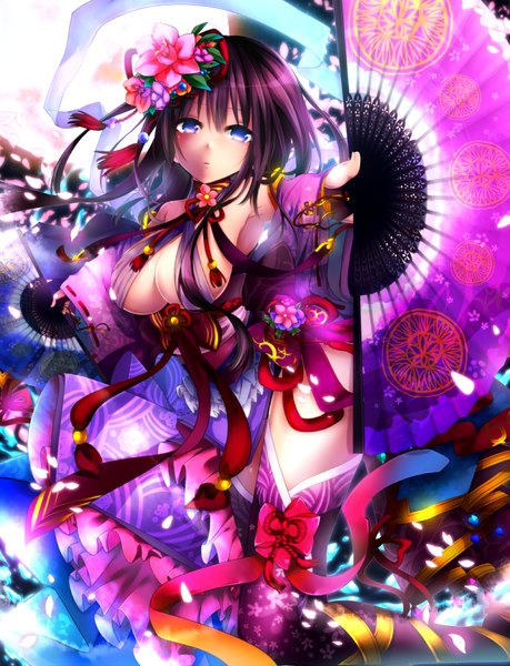 Anime picture 765x1000 with original fulunukko single long hair tall image blush fringe breasts blue eyes light erotic holding purple hair traditional clothes japanese clothes hair flower wide sleeves no bra glowing glow girl