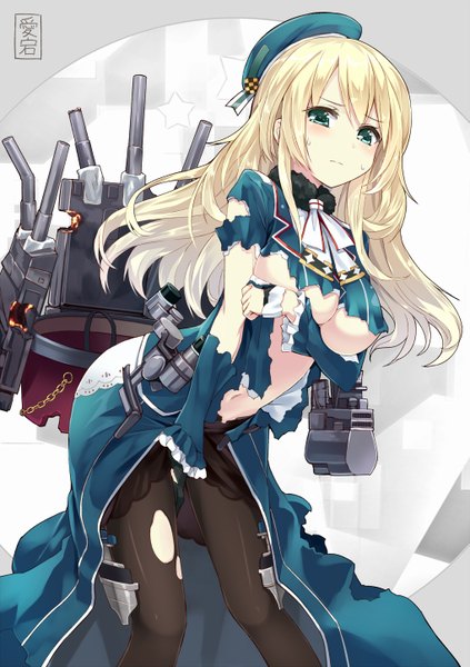 Anime picture 1019x1446 with kantai collection atago heavy cruiser orda single long hair tall image looking at viewer blush light erotic simple background blonde hair green eyes torn clothes torn pantyhose girl pantyhose headdress