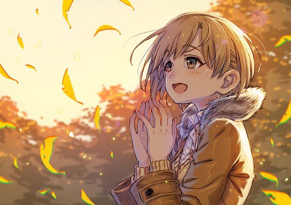 Anime picture 1415x1000 with idolmaster idolmaster cinderella girls aiba yumi kusano shinta single short hair open mouth brown hair brown eyes looking away upper body outdoors :d wind fur trim autumn fingers together girl jacket fur