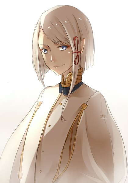 Anime picture 700x1000 with last exile last exile: gin'yoku no fam gonzo dio eracles dio eraclea phantania single tall image looking at viewer short hair blue eyes simple background smile white background white hair pointy ears eyeshadow asymmetrical hair boy hair ornament