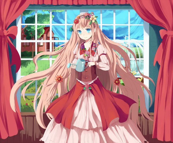 Anime picture 2484x2052 with original hachimitsu ame (phoenix) single looking at viewer blush highres blue eyes pink hair sky cloud (clouds) indoors very long hair hair flower light smile girl dress hair ornament flower (flowers) plant (plants) window