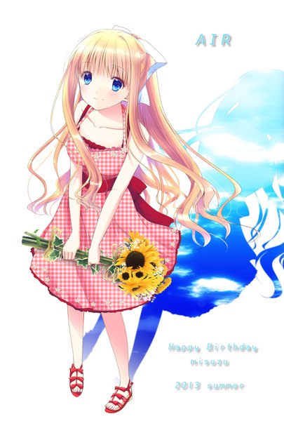 Anime picture 1377x2039 with air key (studio) kamio misuzu roco single long hair tall image looking at viewer blush blue eyes blonde hair smile bare shoulders sky cloud (clouds) barefoot inscription happy birthday girl dress