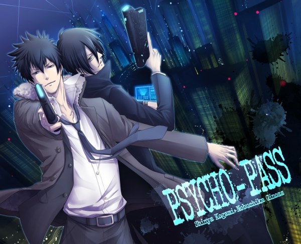 Anime picture 1230x1000 with psycho-pass production i.g kougami shin'ya nobuchika ginoza mizuki047 short hair black hair green eyes looking back black eyes inscription open clothes open jacket multiple boys city cityscape back to back boy weapon glasses