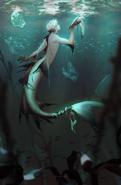 Anime picture 1620x2469 with original e7 (runaway162) single tall image fringe short hair bare shoulders holding signed looking away full body white hair profile black eyes twitter username outstretched arm topless underwater monster boy boy