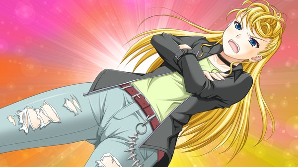 Anime picture 1280x720 with kessen! long hair open mouth blue eyes blonde hair wide image game cg crossed arms girl jeans torn jeans