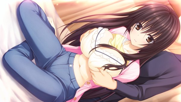 Anime picture 1280x720 with pretty x cation hibiki works yakuouji komachi long hair looking at viewer breasts light erotic black hair wide image large breasts brown eyes game cg girl boy navel lingerie bra jeans blue jeans