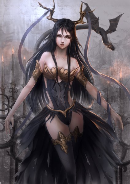 Anime picture 2480x3508 with original sunday-zjy single long hair tall image highres black hair brown eyes horn (horns) fantasy girl thighhighs dress black thighhighs dragon