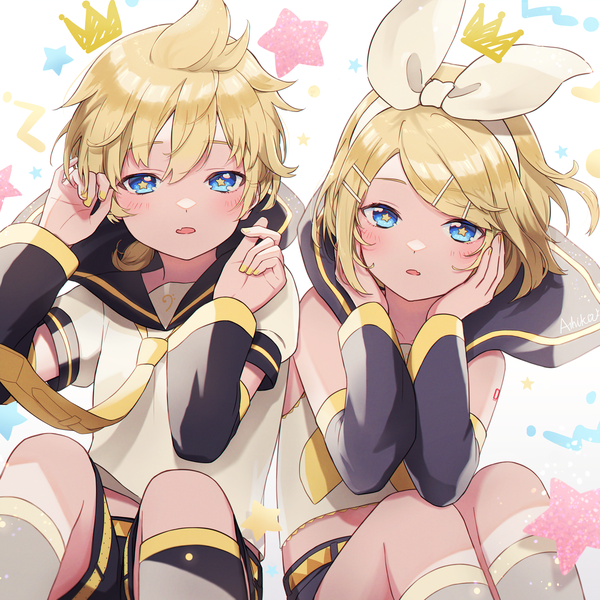 Anime picture 2000x2000 with vocaloid kagamine rin kagamine len ashika (yftcc948) looking at viewer fringe highres short hair blue eyes blonde hair hair between eyes sitting symbol-shaped pupils siblings twins sailor collar brother and sister girl boy ribbon (ribbons)
