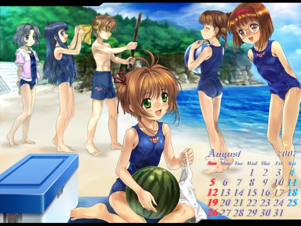 Anime picture 2000x1500 with card captor sakura clamp kinomoto sakura daidouji tomoyo li xiaolang mihara chiharu sasaki rika yanagisawa naoko mutsuki (moonknives) highres swimsuit calendar