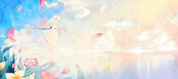 Anime picture 3056x1356 with original zombie neko single long hair blush highres blonde hair wide image pink hair cloud (clouds) multicolored hair hair flower wind sunlight shadow reflection girl dress hair ornament flower (flowers)