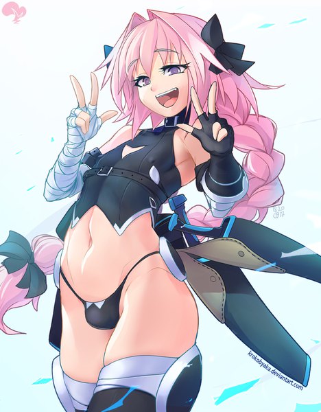 Anime picture 859x1100 with fate (series) fate/apocrypha astolfo (fate) jack the ripper (fate/apocrypha) krokobyaka single long hair tall image looking at viewer open mouth light erotic simple background smile standing white background purple eyes bare shoulders signed pink hair braid (braids)