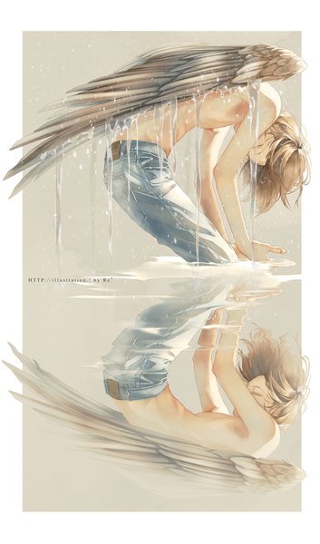 Anime picture 760x1291 with original re (artist) single long hair tall image brown hair signed full body eyes closed grey background wet leaning leaning forward partially submerged reflection topless angel wings different reflection boy wings