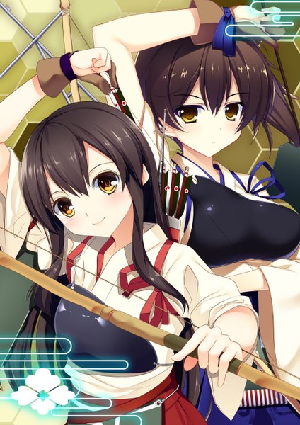 Anime picture 992x1403 with kantai collection kaga aircraft carrier akagi aircraft carrier raiou long hair tall image looking at viewer short hair black hair smile multiple girls yellow eyes ponytail traditional clothes side ponytail girl weapon 2 girls armor bow (weapon)
