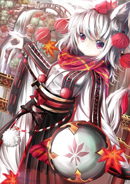 Anime picture 1000x1414 with touhou inubashiri momiji umagenzin single tall image looking at viewer short hair purple eyes animal ears white hair tail traditional clothes animal tail wolf ears wolf tail wolf girl waterfall girl weapon hat