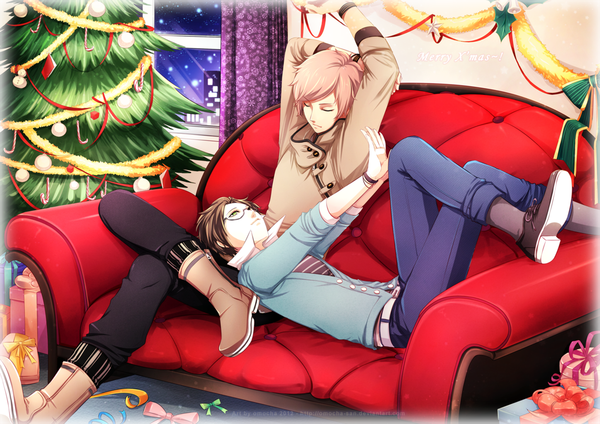 Anime picture 1280x905 with original zenithomocha short hair brown hair sitting green eyes pink hair eyes closed multiple boys crossed legs christmas boy bow glasses shoes boots window 2 boys couch gift