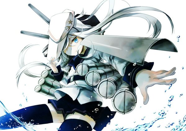 Anime picture 1000x707 with kantai collection hibiki destroyer verniy destroyer otona (13206117) single long hair blush fringe blue eyes simple background white background white hair hair over one eye zettai ryouiki outstretched arm adjusting hat foreshortening hammer and sickle girl thighhighs