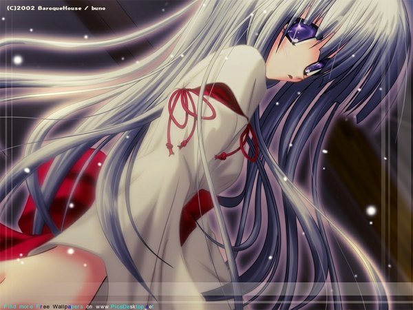 Anime picture 1024x768 with tagme (copyright) yuunagi yuu single long hair blush fringe open mouth purple eyes signed looking away purple hair traditional clothes snowing miko 2002 girl snowflake (snowflakes)