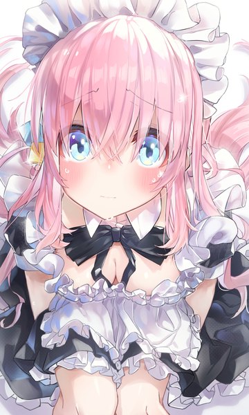 Anime picture 4500x7500 with bocchi the rock! cloverworks gotou hitori hatsuga (dmaigmai) single long hair tall image looking at viewer fringe highres breasts blue eyes light erotic hair between eyes sitting pink hair absurdres cleavage from above maid