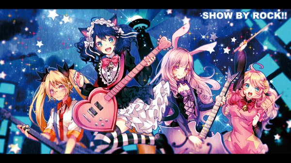 Anime picture 1280x720 with show by rock!! studio bones cyan (show by rock!!) strawberry heart retoree (show by rock!!) chuchu (show by rock!!) moa (show by rock!!) sazanami shione long hair short hair open mouth blue eyes blonde hair wide image animal ears blue hair pink hair purple hair tail animal tail