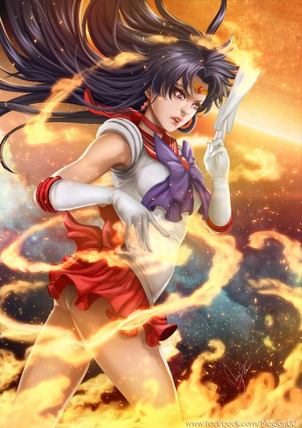 Anime picture 800x1131 with bishoujo senshi sailor moon toei animation hino rei sailor mars magion02 single long hair tall image open mouth light erotic black hair purple eyes realistic girl skirt gloves hair ornament miniskirt white gloves fire