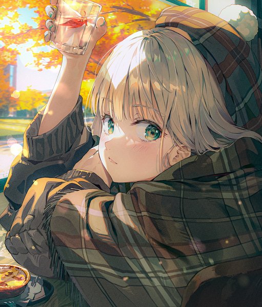 Anime picture 1023x1200 with original huwari (dnwls3010) single long hair tall image looking at viewer blush fringe blonde hair green eyes upper body blunt bangs nail polish arm up plaid girl leaf (leaves) cap glass autumn leaves