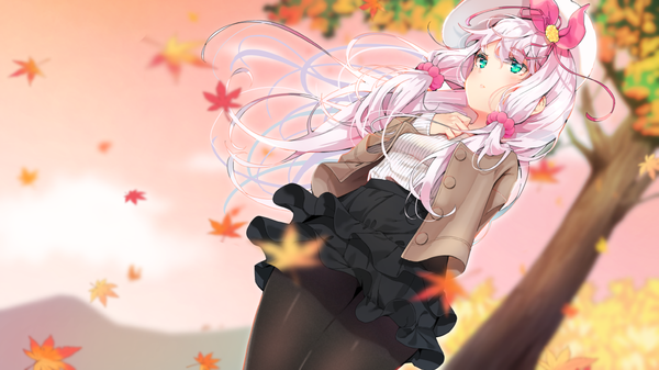 Anime picture 1244x700 with original agnamore single long hair blush fringe hair between eyes wide image standing looking away pink hair sky cloud (clouds) outdoors long sleeves arm up aqua eyes wind blurry open jacket