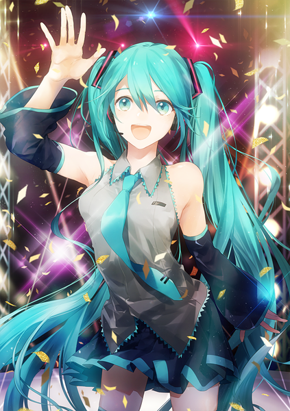 Anime picture 634x900 with vocaloid hatsune miku kamari (kama ri) single tall image fringe open mouth hair between eyes twintails very long hair :d arm up aqua hair girl detached sleeves necktie confetti