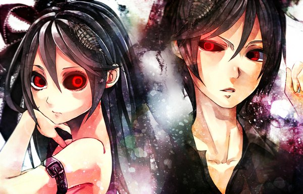 Anime picture 1600x1024 with vocaloid bacterial contamination (vocaloid) hatsune miku calcium magnesium long hair short hair black hair red eyes bare shoulders sleeveless couple face open collar girl boy shirt insect bug