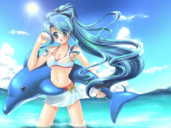 Anime picture 1024x768 with kanami yuki long hair blue eyes blue hair ponytail girl swimsuit inflatable toy inflatable dolphin