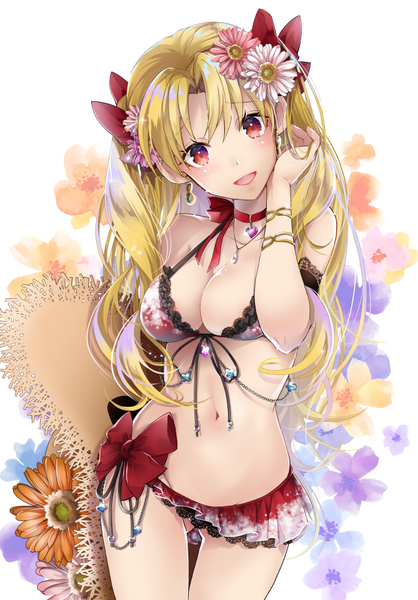 Anime picture 697x1000 with fate (series) fate/grand order ereshkigal (fate) akatsuki hijiri single long hair tall image looking at viewer blush fringe breasts open mouth light erotic simple background blonde hair smile hair between eyes red eyes standing head tilt