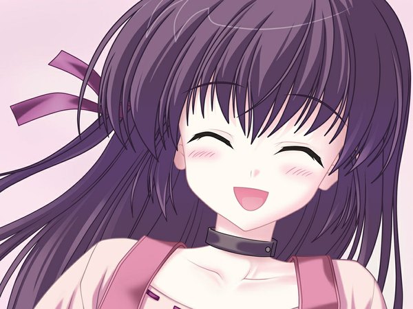 Anime picture 1024x768 with sola shihou matsuri nanao naru single long hair fringe open mouth simple background smile purple hair eyes closed :d portrait happy face laughing girl ribbon (ribbons) hair ribbon