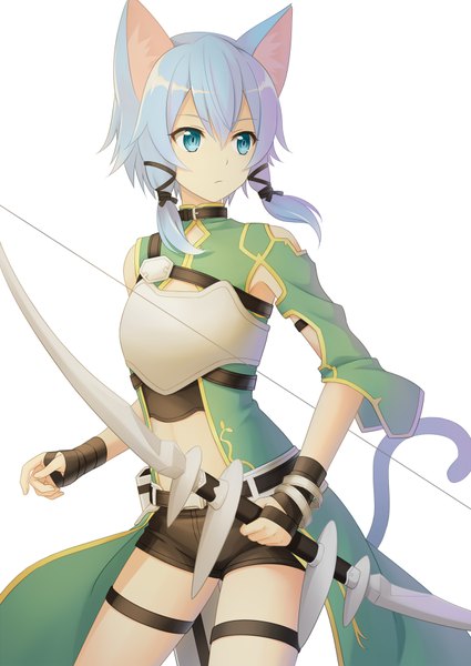 Anime picture 620x876 with sword art online a-1 pictures asada shino kuro (chrono) single tall image fringe short hair blue eyes simple background hair between eyes standing white background holding animal ears blue hair looking away tail animal tail cat ears