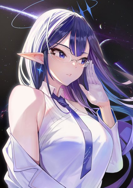 Anime picture 2480x3508 with blue archive rin (blue archive) mute (mute89539160) single long hair tall image fringe highres blue eyes black hair bare shoulders looking away upper body parted lips multicolored hair arm up wind pointy ears off shoulder night