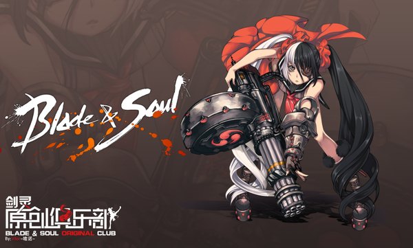 Anime picture 1672x1008 with blade & soul vilor single looking at viewer wide image very long hair multicolored hair grey eyes girl weapon boots armor gun eyepatch