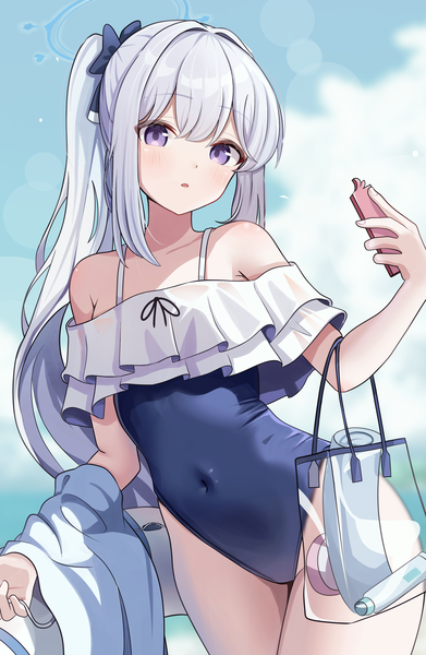 Anime picture 2408x3697 with blue archive miyako (blue archive) miyako (swimsuit) (blue archive) musson single long hair tall image looking at viewer fringe highres hair between eyes purple eyes silver hair ponytail official alternate costume covered navel transparent girl swimsuit bag