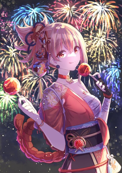 Anime picture 1000x1414 with genshin impact yoimiya (genshin impact) shiohari kanna single tall image looking at viewer fringe short hair breasts blonde hair smile hair between eyes holding upper body outdoors traditional clothes japanese clothes night orange eyes tattoo