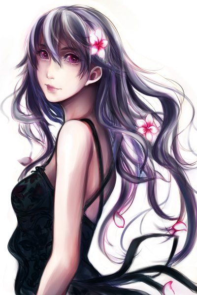 Anime picture 3200x4800 with original early type single long hair tall image fringe highres simple background white background absurdres pink eyes looking back multicolored hair hair flower grey hair two-tone hair girl dress hair ornament flower (flowers)