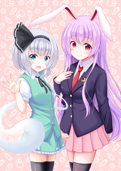 Anime picture 2481x3508 with touhou konpaku youmu reisen udongein inaba myon reimei (r758120518) long hair tall image looking at viewer blush fringe highres short hair open mouth smile red eyes standing multiple girls animal ears payot silver hair
