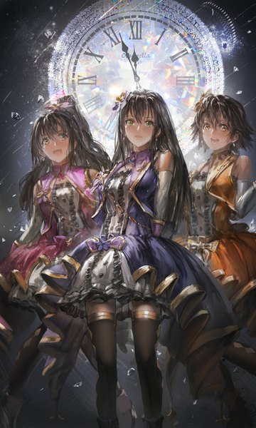 Anime picture 750x1250 with idolmaster idolmaster cinderella girls idolmaster cinderella girls starlight stage shibuya rin shimamura uzuki honda mio stu dts long hair tall image looking at viewer blush fringe short hair breasts open mouth smile hair between eyes brown hair standing bare shoulders