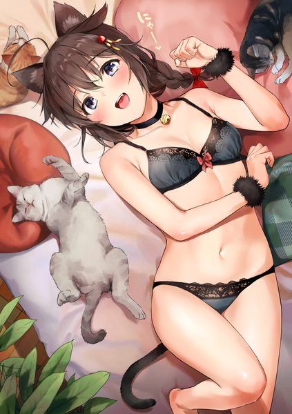 Anime picture 1182x1676 with kantai collection shigure destroyer umakuchi shouyu single long hair tall image looking at viewer blush fringe breasts open mouth blue eyes light erotic smile hair between eyes brown hair animal ears cleavage ahoge tail