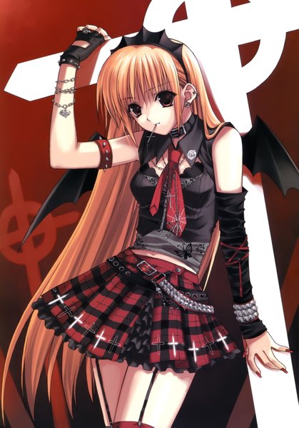 Anime picture 2826x4046 with monochrome (game) yun (monochrome) suzuhira hiro single long hair tall image looking at viewer blush highres blonde hair standing brown eyes nail polish fingernails zettai ryouiki piercing mouth hold ear piercing demon girl long fingernails