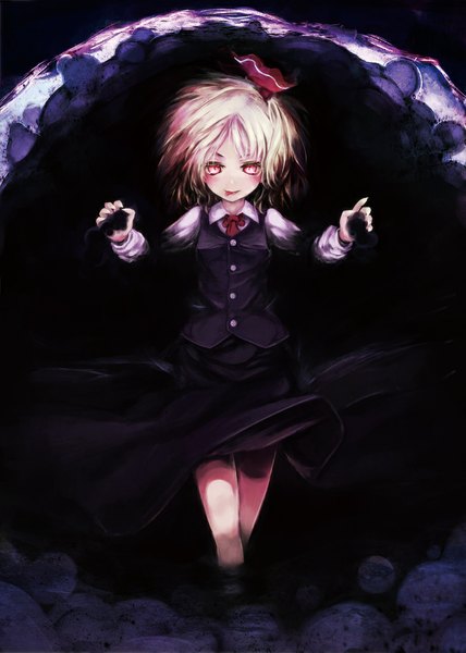 Anime picture 800x1120 with touhou rumia childofa single tall image looking at viewer fringe short hair blonde hair red eyes legs dark background girl skirt shirt tongue buttons skirt set