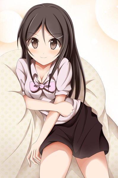 Anime picture 664x1000 with original kuroganeruto single long hair tall image looking at viewer blush black hair smile brown eyes girl skirt bowtie